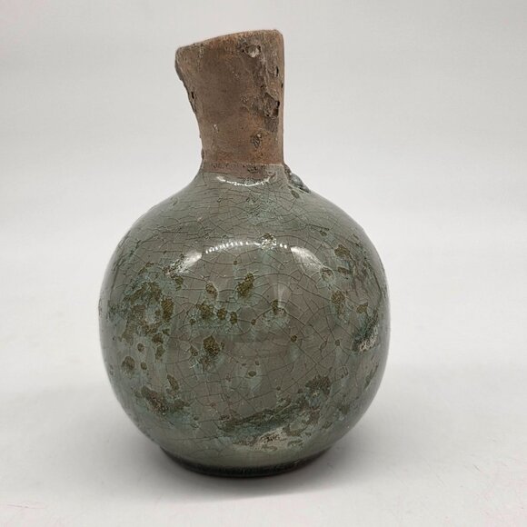 Vintage Small Brutalist Ceramic Vase Crackle Glaze & Rustic Green Brown 4.5" - Picture 6 of 7